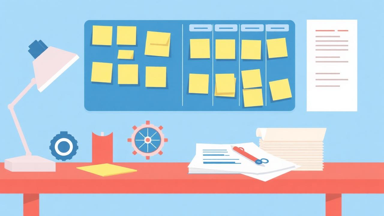 Ilustração de mesa organizada com documentação e processos