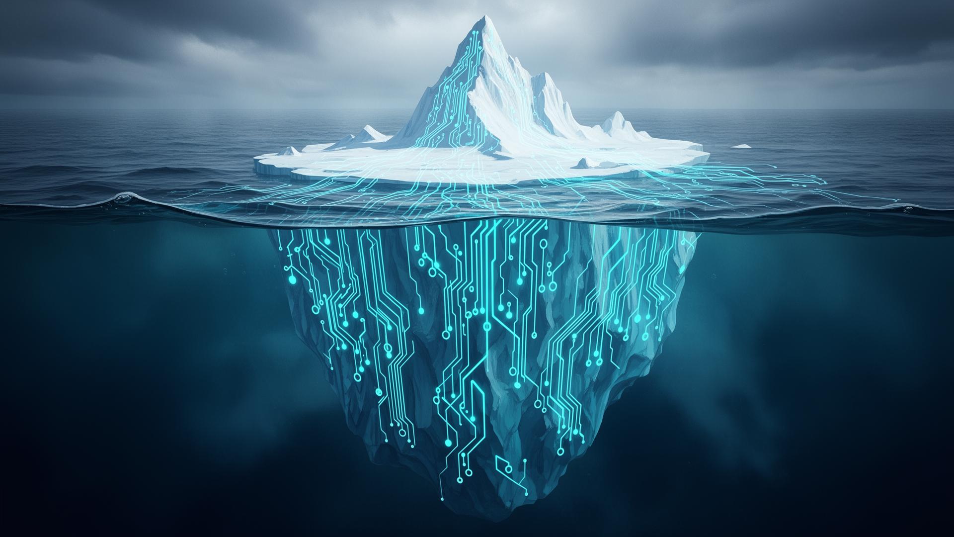 Iceberg com circuitos de inteligência artificial brilhando no oceano