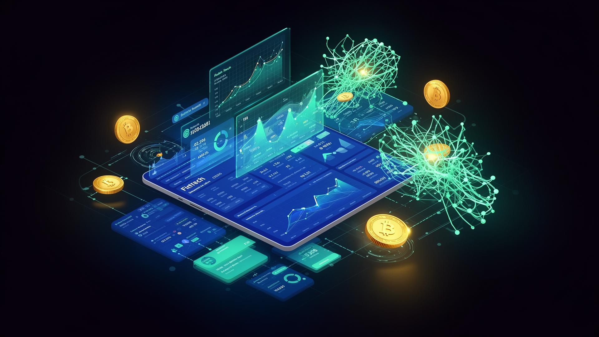 Dashboard financeiro futurista com IA analisando dados de fintech