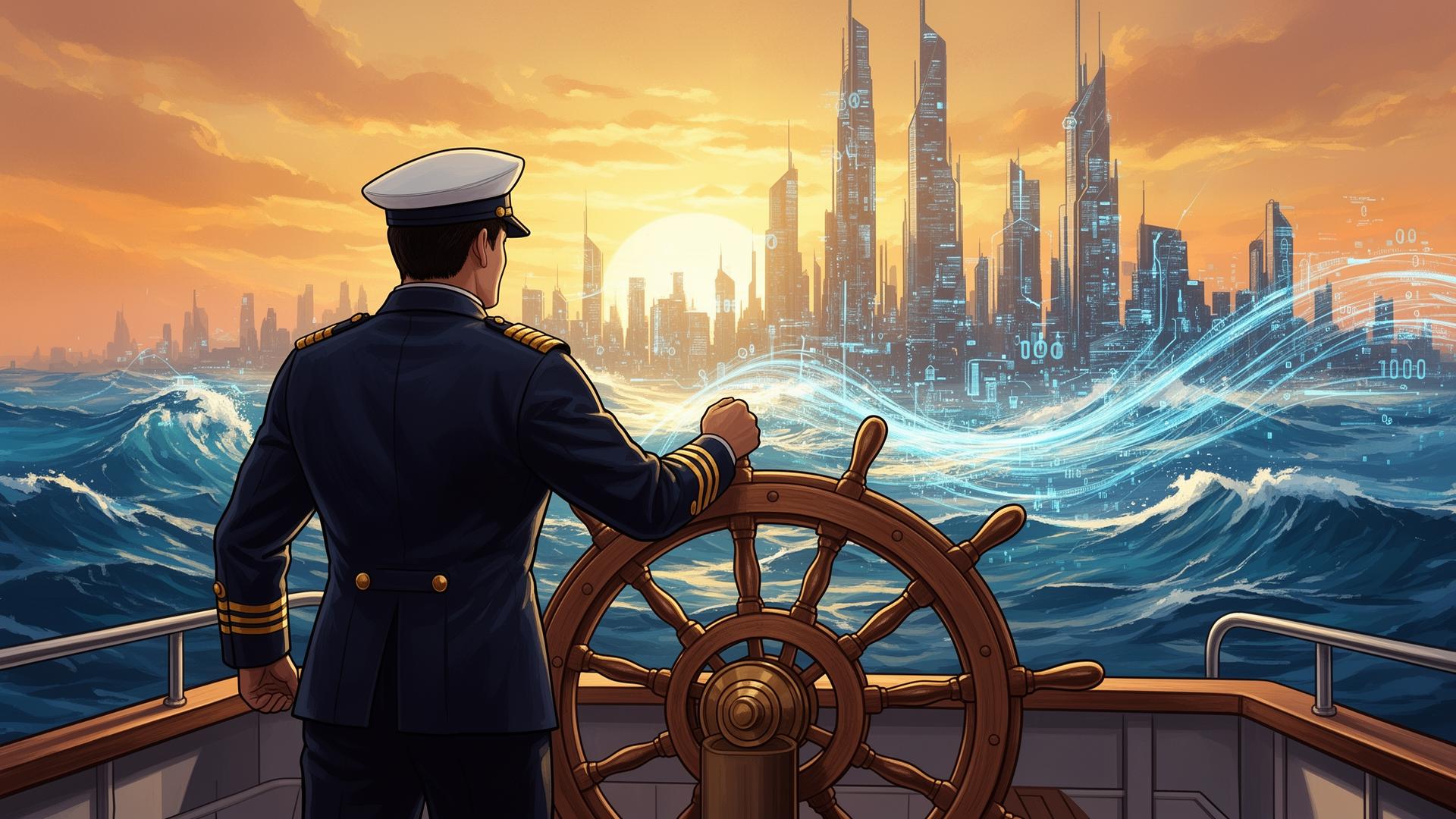 Capitão girando o timão em direção a uma cidade futurista ao amanhecer