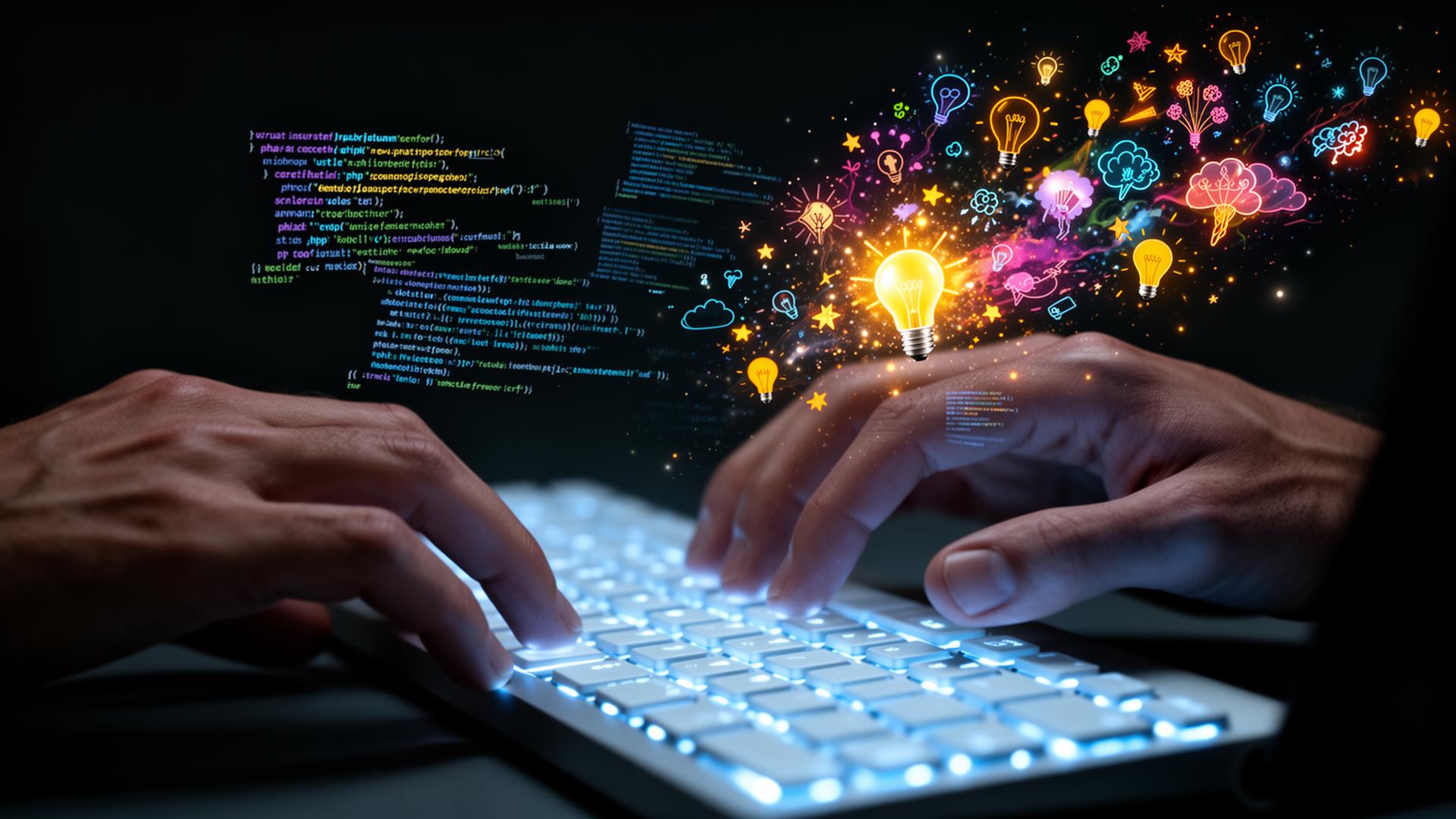 Mãos digitando código transformando-se em ideias criativas