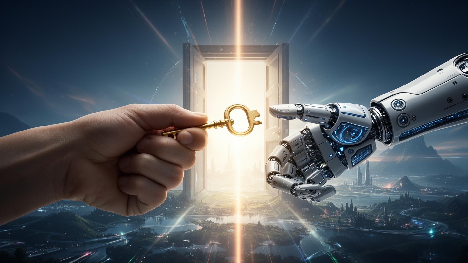 Mão humana e mão robótica segurando uma chave que abre portas para o futuro